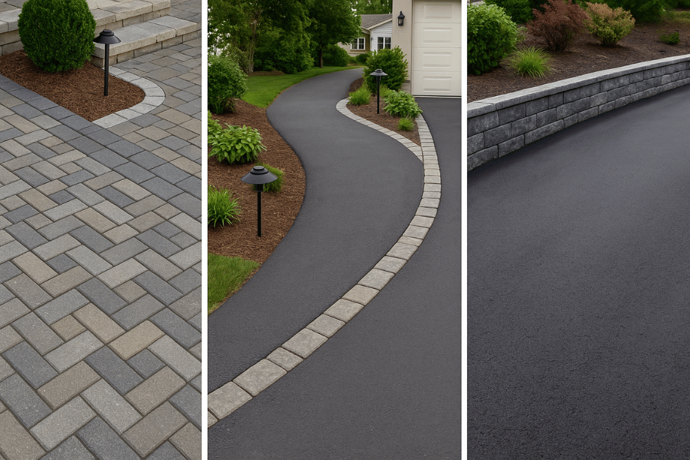 Interlock herringbone pavers, asphalt border with lighting, and a clean retaining wall