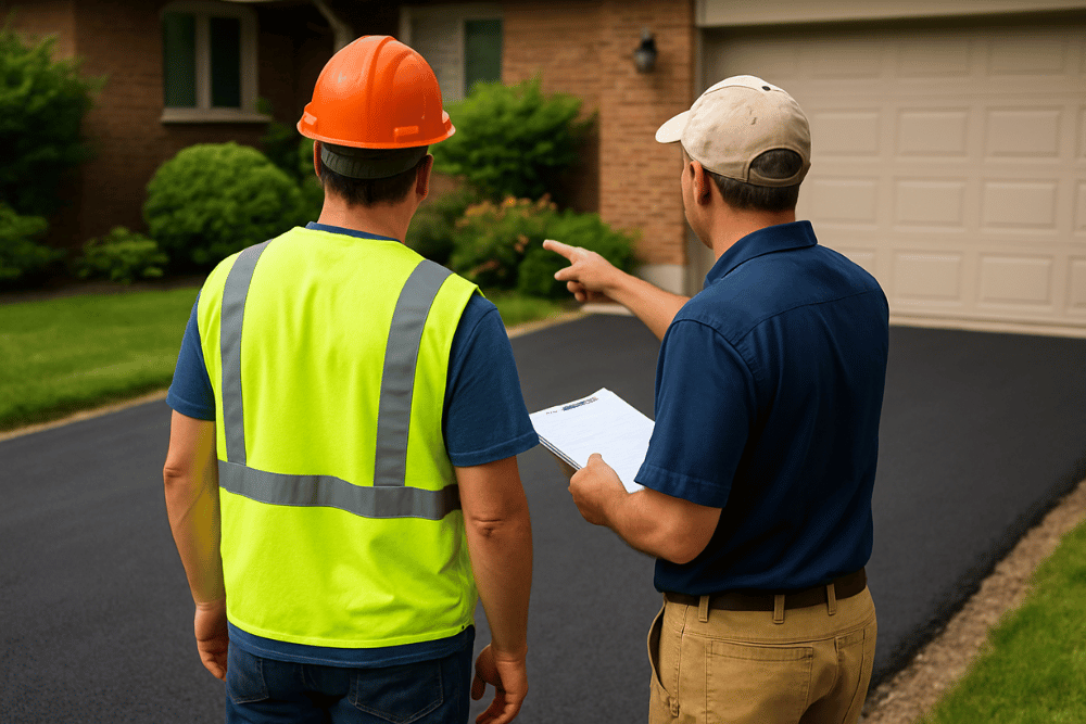Two contractors, seen from behind, inspect a freshly paved residential driveway in Ottaw. One in a high-vis vest and hard hat, the other holding a clipboard and pointing at the pavement.