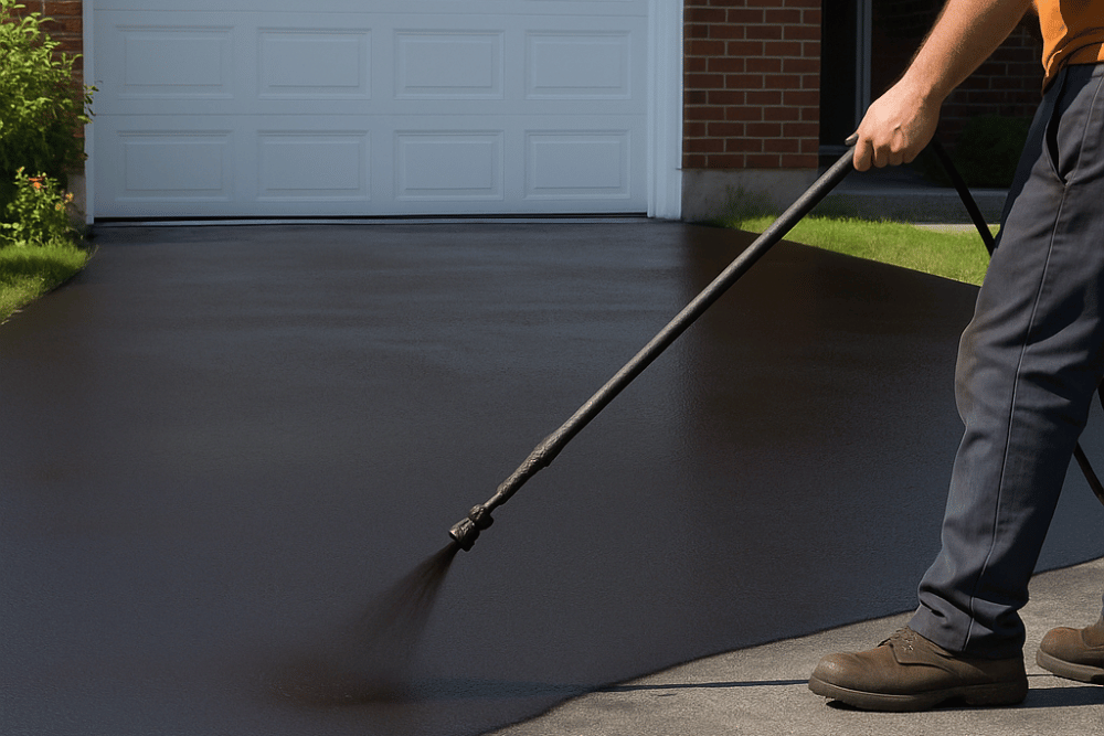 Professional applying a fresh black sealcoat to an asphalt driveway in front of a suburban Ottawa home.