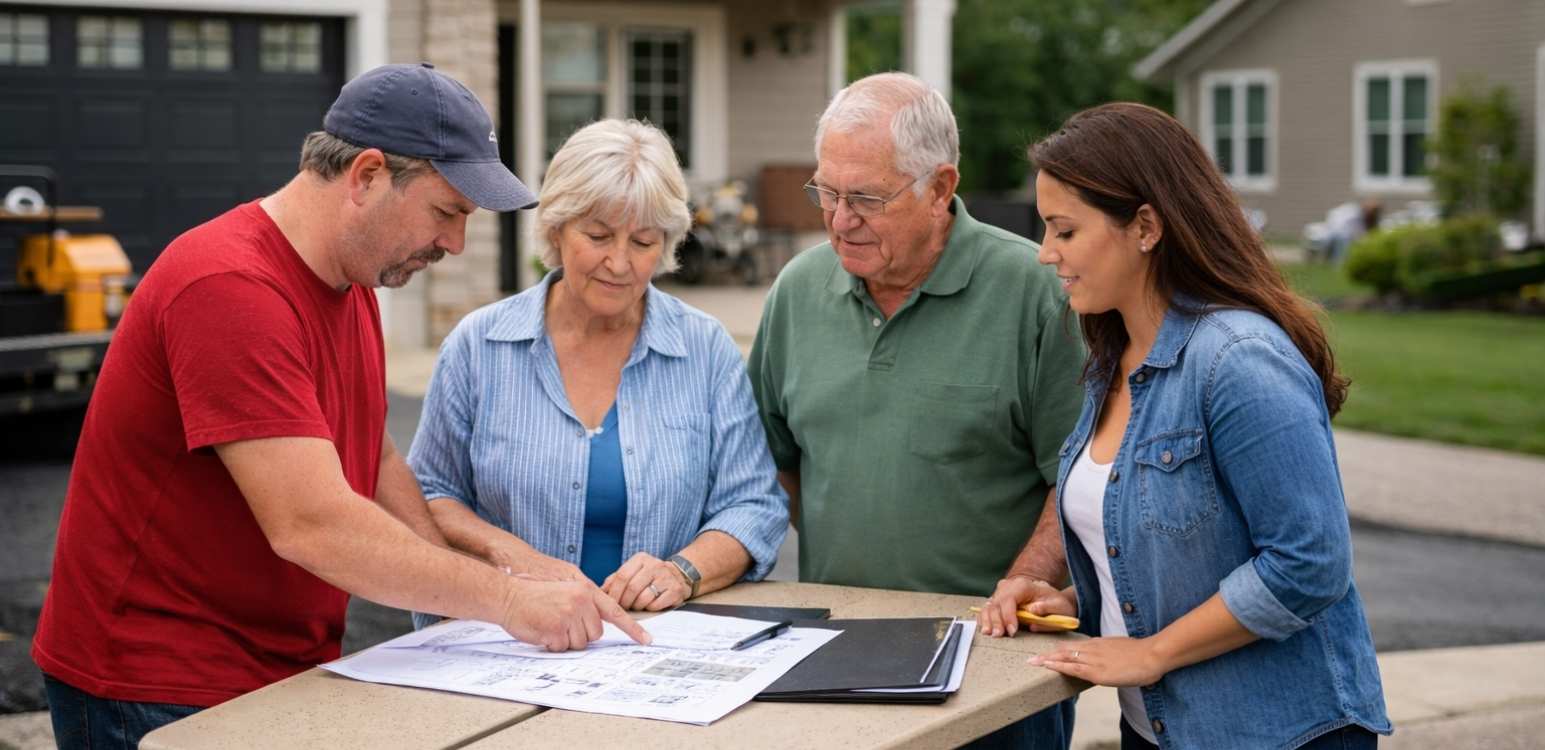 A group of neighbors reviewing driveway paving plans with a contractor.