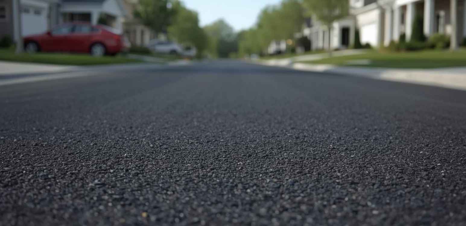 Close-up of a freshly paved asphalt street in a quiet neighbourhood.