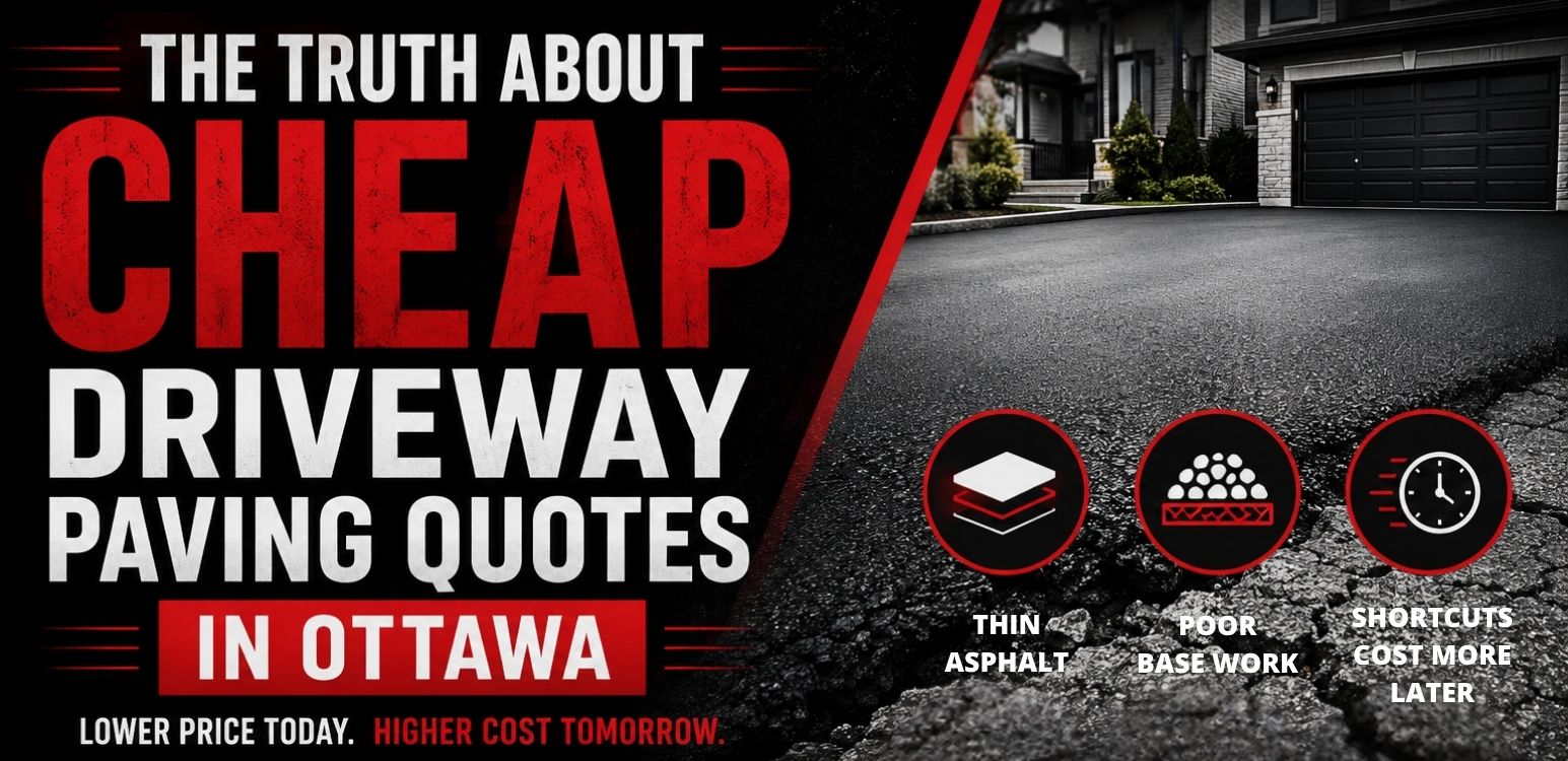 Comparison of a damaged asphalt driveway and a professionally paved driveway highlighting the risks of cheap driveway paving quotes in Ottawa.
