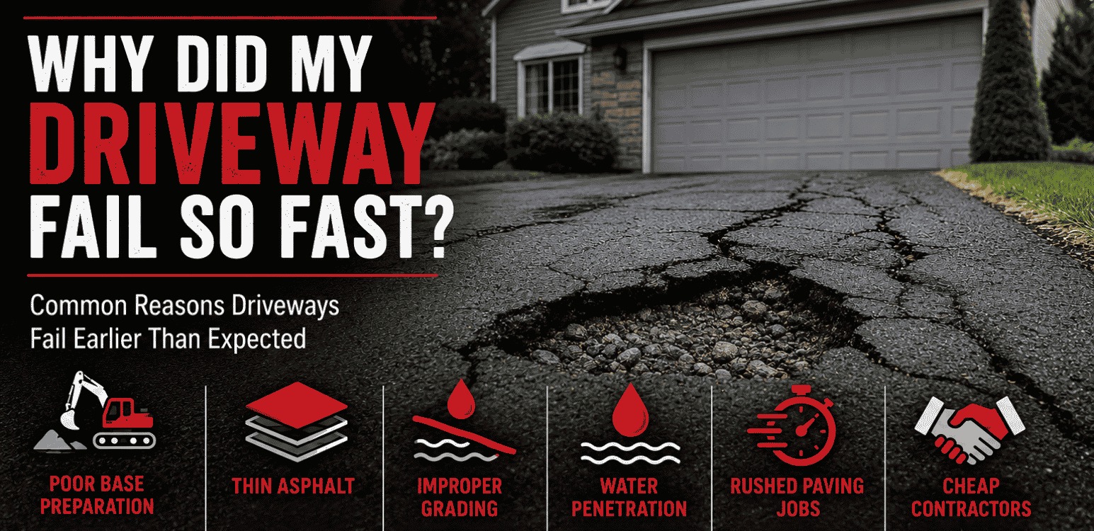 Graphic showing common reasons asphalt driveways fail early including poor base preparation and water damage