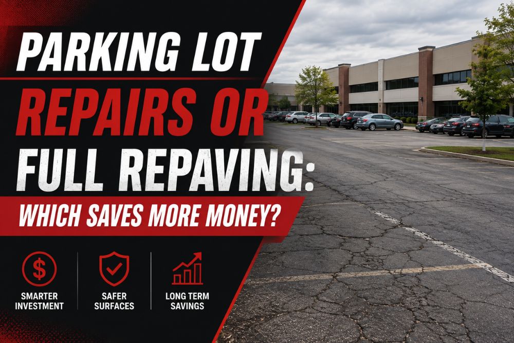 Commercial parking lot showing asphalt repairs beside newly paved pavement for an Ottawa property management guide.