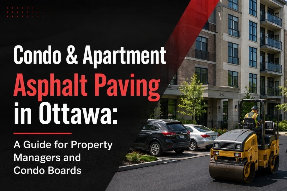Condo asphalt paving in Ottawa with paving crew resurfacing a parking area beside a modern apartment building.