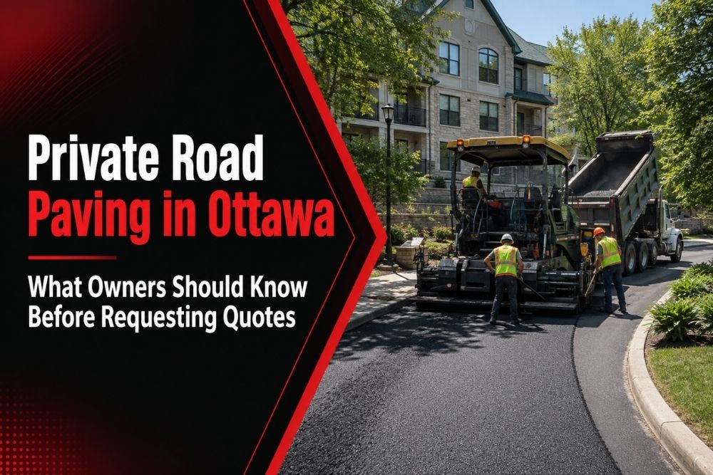 Private road paving in Ottawa with asphalt paving crew and equipment working on a condo roadway.
