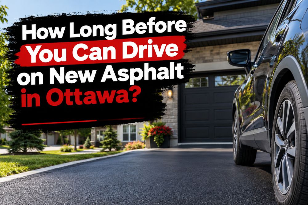 New asphalt driveway in Ottawa with a parked vehicle, illustrating how long to wait before driving on freshly paved asphalt.