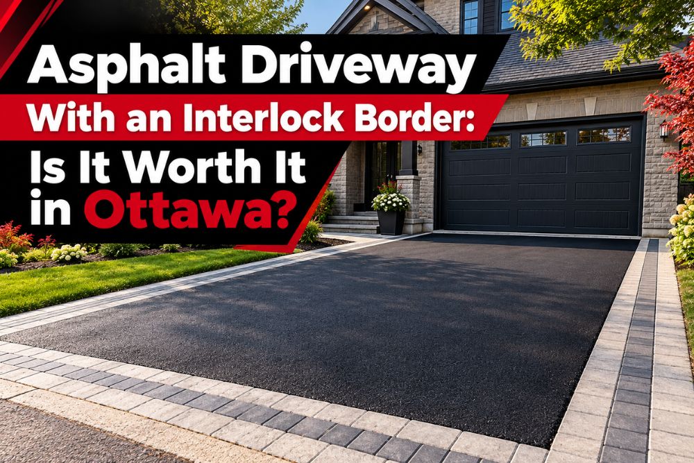 Modern asphalt driveway with an interlock border at an Ottawa home, showing a black asphalt surface framed with grey interlock pavers.