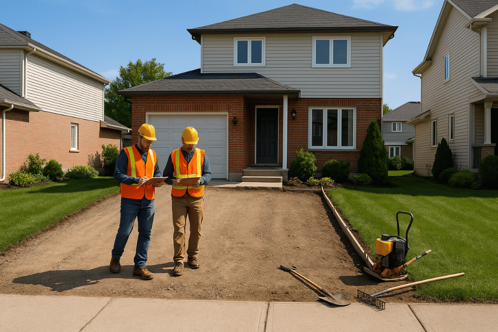 Two contractors inspecting the gravel base of a residential driveway in a suburban Ottawa neighborhood