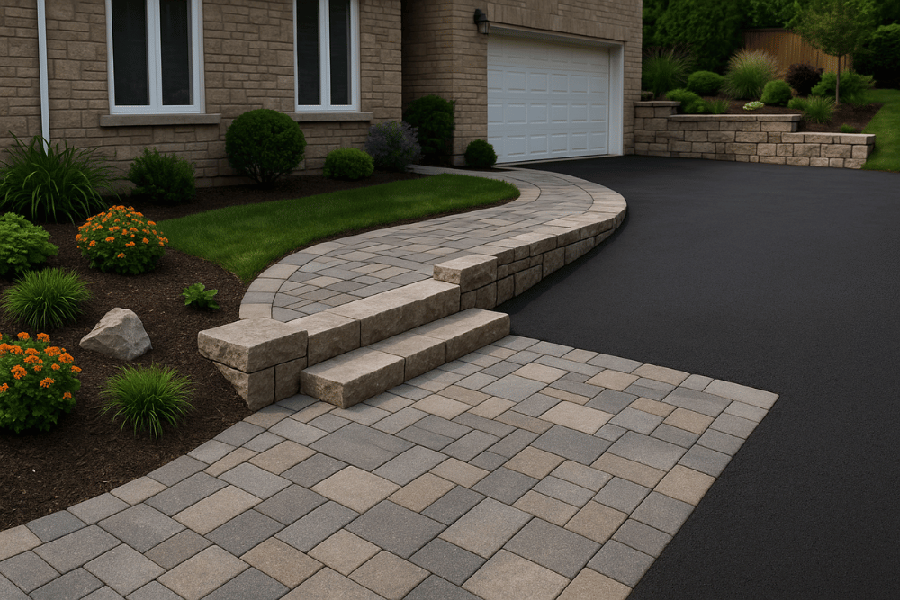 Front yard with interlock stone walkway, asphalt driveway, and tiered retaining walls