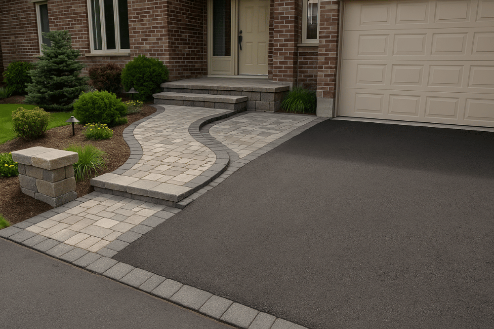 Sleek interlock driveway and walkway with contrasting border near brick home